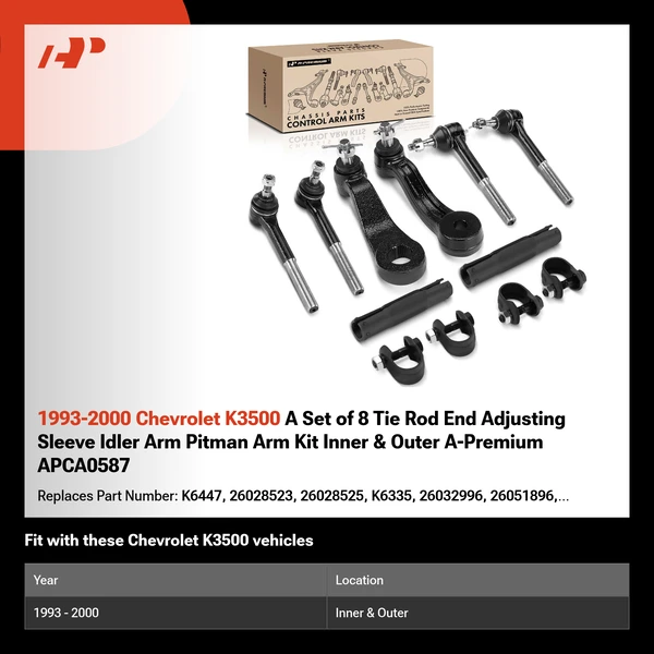 1993-2000 Chevrolet K3500 A Set of 8 Tie Rod End Adjusting Sleeve Idler Arm Pitman Arm Kit Inner & Outer A-Premium APCA0587