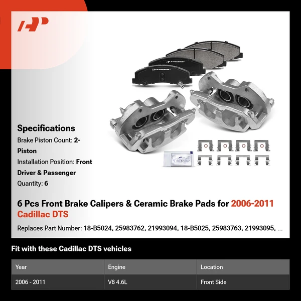 6 Pcs Front Brake Calipers & Ceramic Brake Pads for 2006-2011 Cadillac DTS