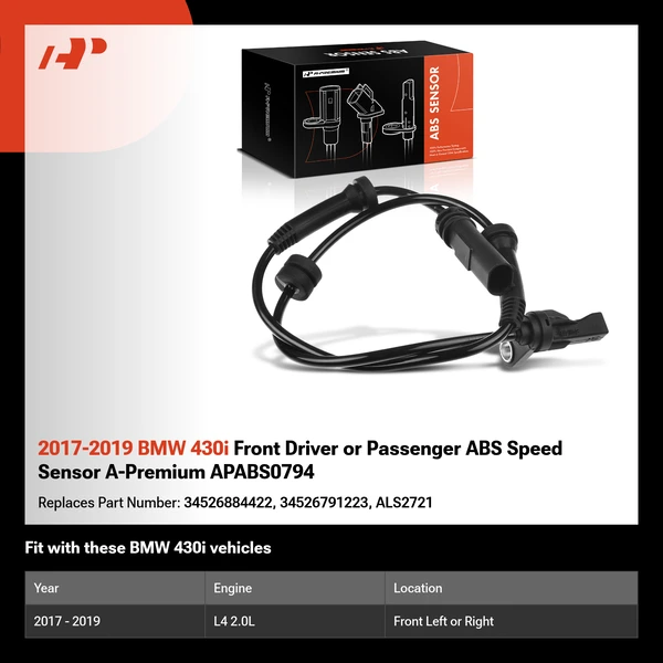 2017-2019 BMW 430i Front Driver or Passenger ABS Speed Sensor A-Premium APABS0794