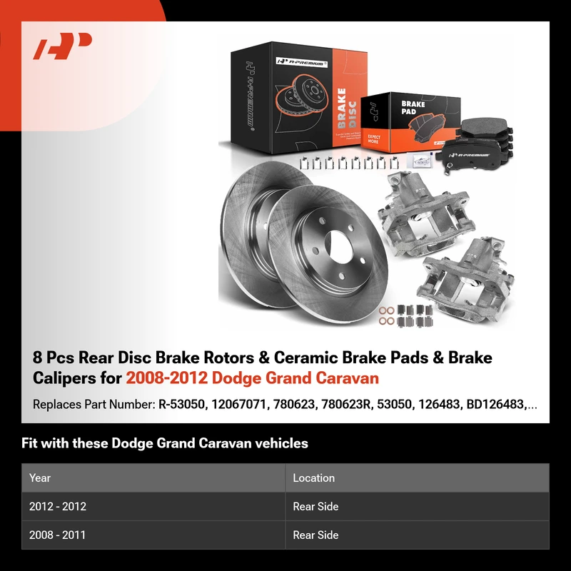8 Pcs Rear Disc Brake Rotors & Ceramic Brake Pads & Brake Calipers for 2008-2012 Dodge Grand Caravan