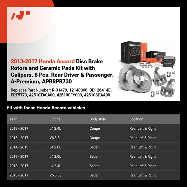 2013-2017 Honda Accord Disc Brake Rotors and Ceramic Pads Kit with Calipers, 8 Pcs, Rear Driver & Passenger, A-Premium, APBRPR730
