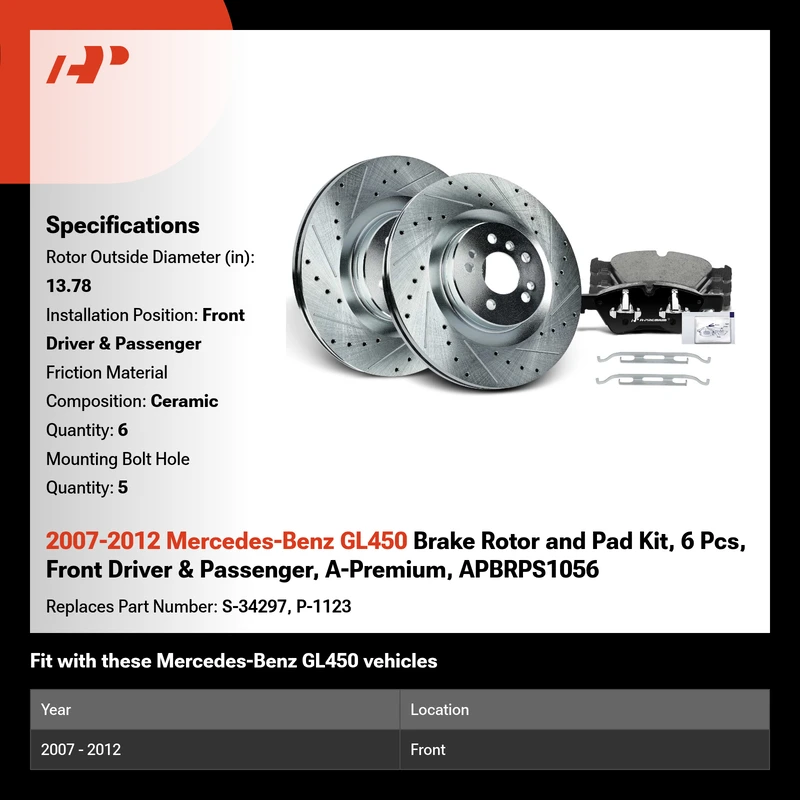 2007-2012 Mercedes-Benz GL450 Brake Rotor and Pad Kit, 6 Pcs, Front Driver & Passenger, A-Premium, APBRPS1056