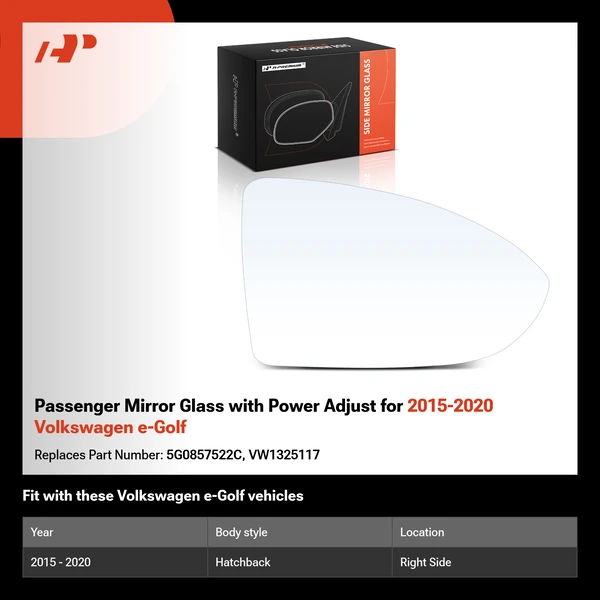 Passenger Mirror Glass with Power Adjust for 2015-2020 Volkswagen e-Golf