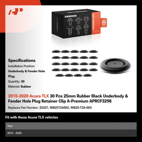 2015-2020 Acura TLX 30 Pcs 25mm Rubber Black Underbody & Fender Hole Plug A-Premium APRCF3298