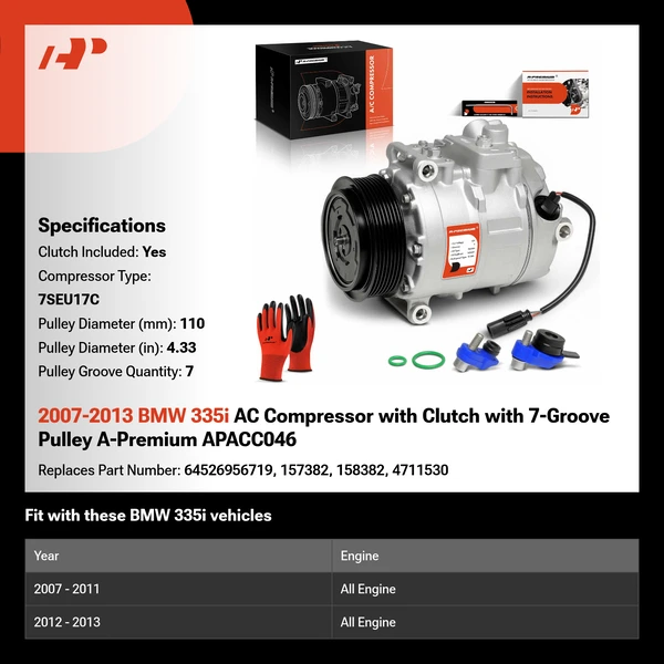 2007-2013 BMW 335i AC Compressor with Clutch with 7-Groove Pulley A-Premium APACC046