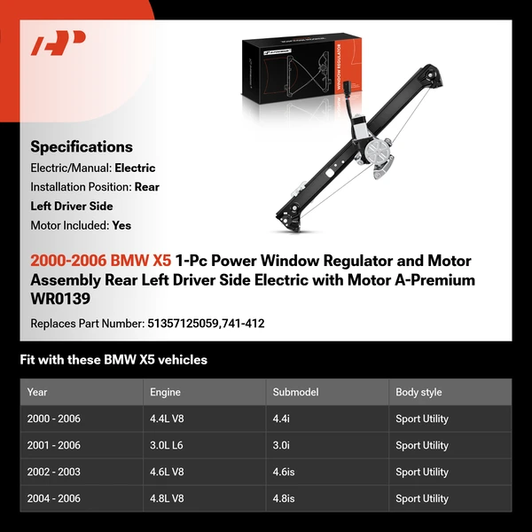 2000-2006 BMW X5 1-Pc Power Window Regulator and Motor Assembly Rear Left Driver Side Electric with Motor A-Premium WR0139