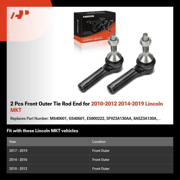 2 Pcs Front Outer Tie Rod End for 2010-2012 2014-2019 Lincoln MKT