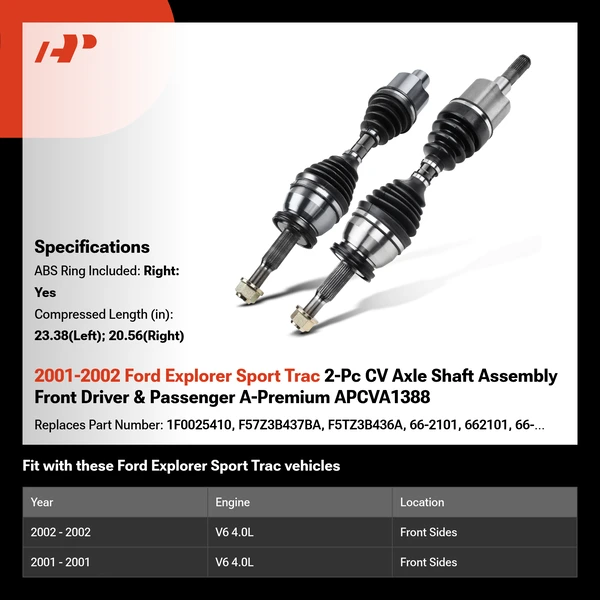 2001-2002 Ford Explorer Sport Trac 2-Pc CV Axle Shaft Assembly Front Driver & Passenger A-Premium APCVA1388
