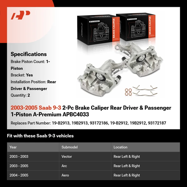 2003-2005 Saab 9-3 2-Pc Brake Caliper Rear Driver & Passenger 1-Piston A-Premium APBC4033
