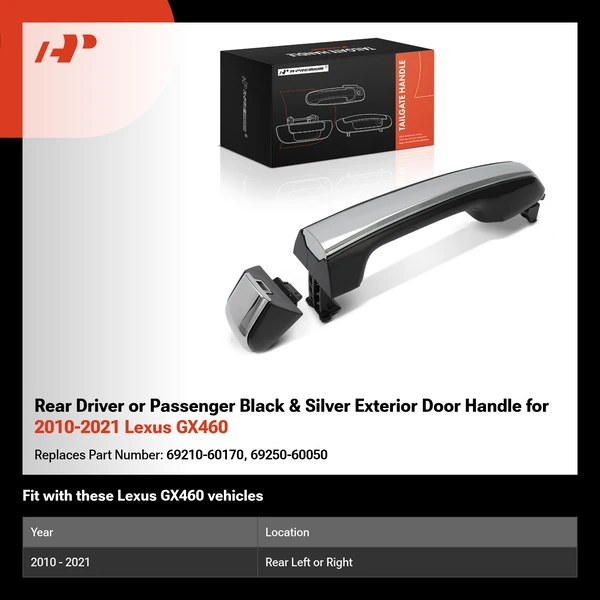 Rear Driver or Passenger Black & Silver Exterior Door Handle for 2010-2021 Lexus GX460