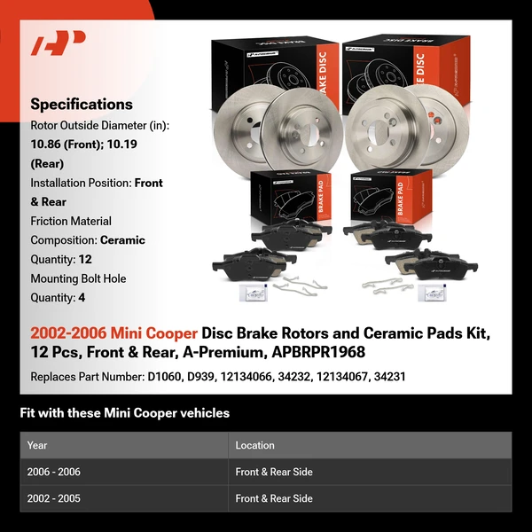 2002-2006 Mini Cooper Disc Brake Rotors and Ceramic Pads Kit, 12 Pcs, Front & Rear, A-Premium, APBRPR1968
