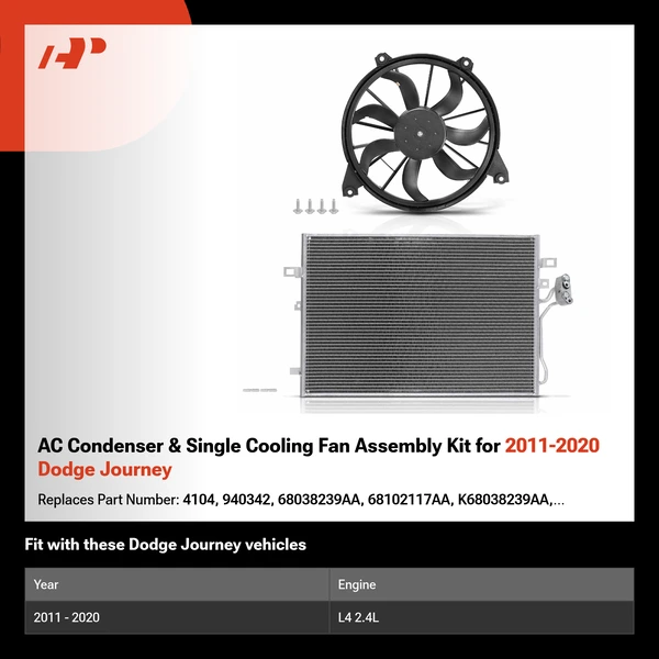AC Condenser & Single Cooling Fan Assembly Kit for 2011-2020 Dodge Journey