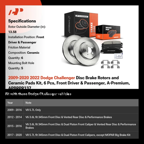 2009-2020 2022 Dodge Challenger Disc Brake Rotors and Ceramic Pads Kit, 6 Pcs, Front Driver & Passenger, A-Premium, APBRPR137