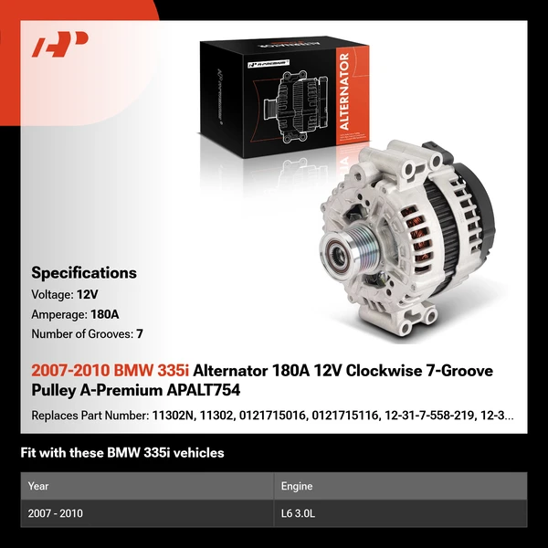 2007-2010 BMW 335i Alternator 180A 12V Clockwise 7-Groove Pulley A-Premium APALT754