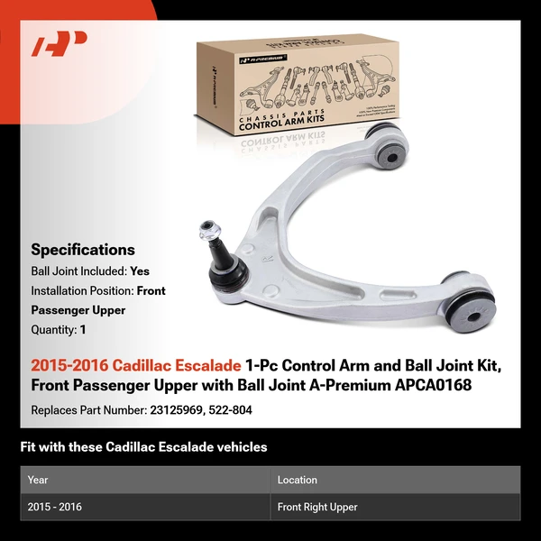 2015-2016 Cadillac Escalade 1-Pc Control Arm and Ball Joint Kit, Front Passenger Upper with Ball Joint A-Premium APCA0168