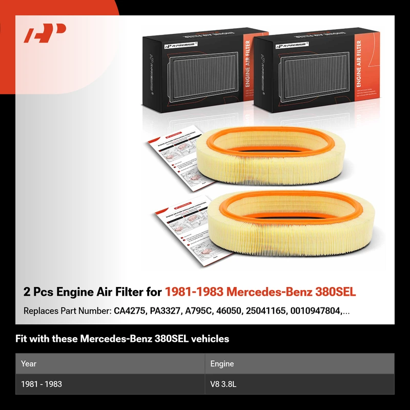 2 Pcs Engine Air Filter for 1981-1983 Mercedes-Benz 380SEL