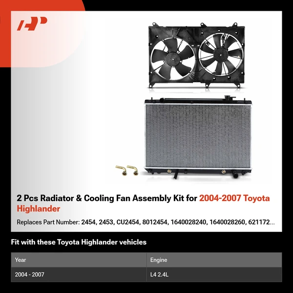 2 Pcs Radiator & Cooling Fan Assembly Kit for 2004-2007 Toyota Highlander