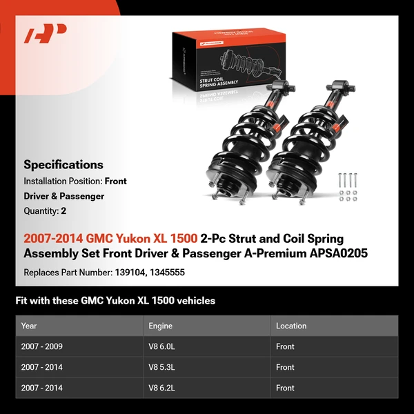 2007-2014 GMC Yukon XL 1500 2-Pc Strut and Coil Spring Assembly Set Front Driver & Passenger A-Premium APSA0205