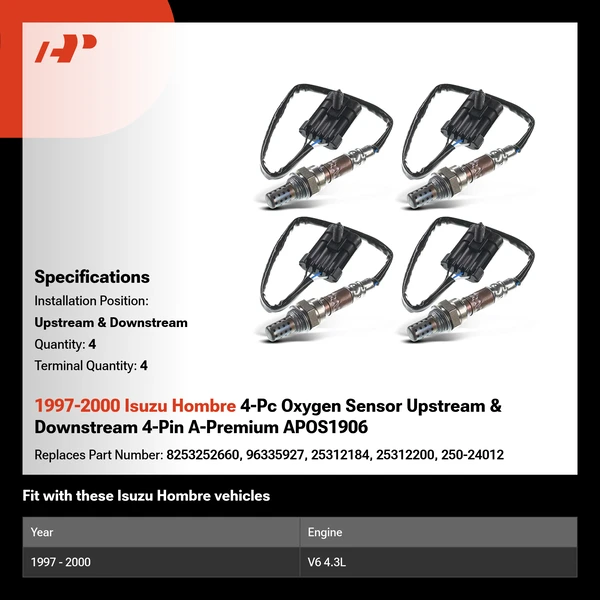 1997-2000 Isuzu Hombre 4-Pc Oxygen Sensor Upstream & Downstream 4-Pin A-Premium APOS1906