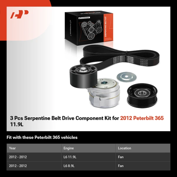 3 Pcs Serpentine Belt Drive Component Kit for 2012 Peterbilt 365 11.9L
