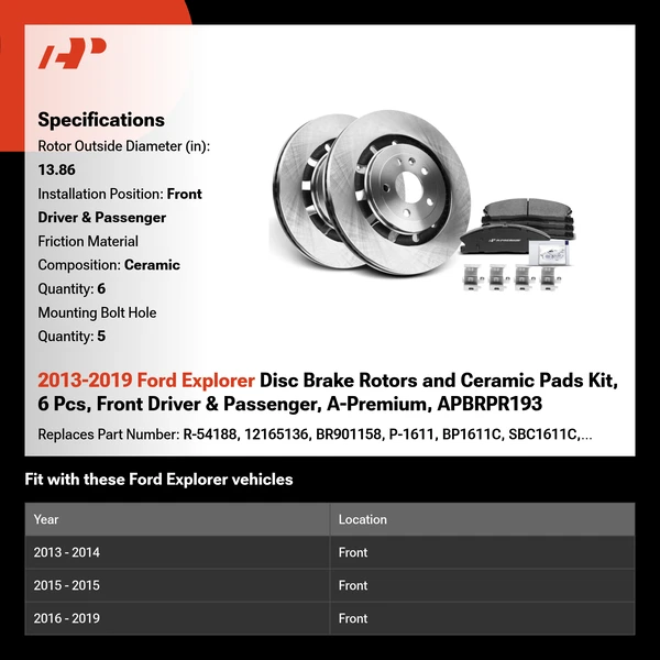 2013-2019 Ford Explorer Disc Brake Rotors and Ceramic Pads Kit, 6 Pcs, Front Driver & Passenger, A-Premium, APBRPR193