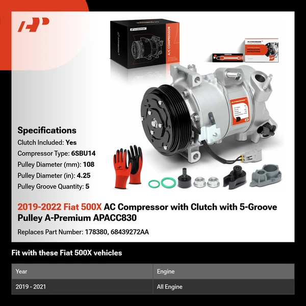 2019-2022 Fiat 500X AC Compressor with Clutch with 5-Groove Pulley A-Premium APACC830
