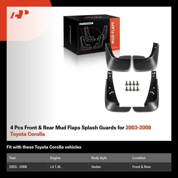 4 Pcs Front & Rear Mud Flaps Splash Guards for 2003-2008 Toyota Corolla