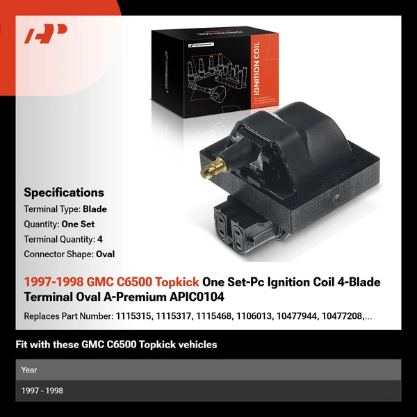 1997-1998 GMC C6500 Topkick One Set-Pc Ignition Coil 4-Blade Terminal Oval A-Premium APIC0104