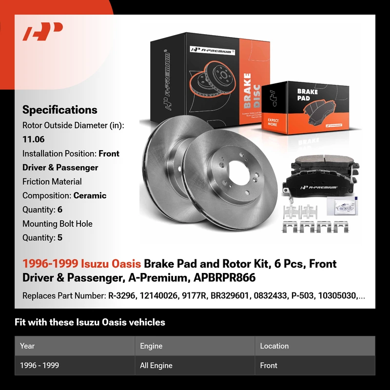 1996-1999 Isuzu Oasis Brake Pad and Rotor Kit, 6 Pcs, Front Driver & Passenger, A-Premium, APBRPR866