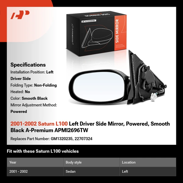2001-2002 Saturn L100 Left Driver Side Mirror, Powered, Smooth Black A-Premium APMI2696TW