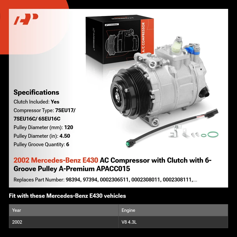 2002 Mercedes-Benz E430 AC Compressor with Clutch with 6-Groove Pulley A-Premium APACC015