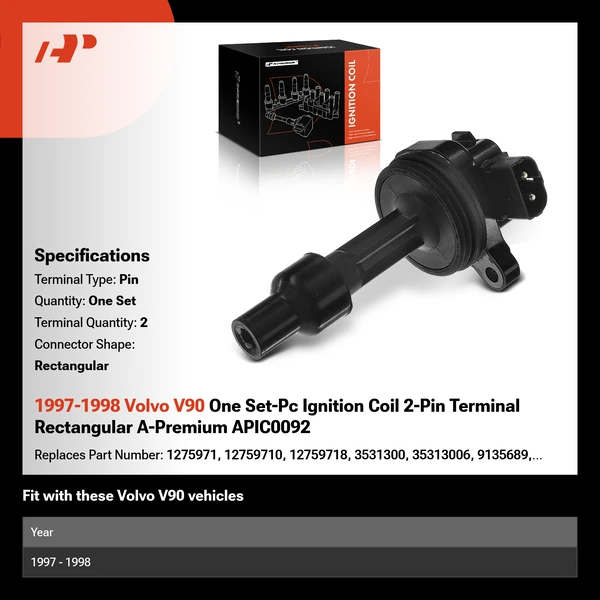 1997-1998 Volvo V90 One Set-Pc Ignition Coil 2-Pin Terminal Rectangular A-Premium APIC0092