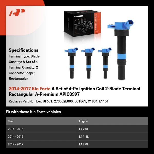 2014-2017 Kia Forte A Set of 4-Pc Ignition Coil 2-Blade Terminal Rectangular A-Premium APIC0997