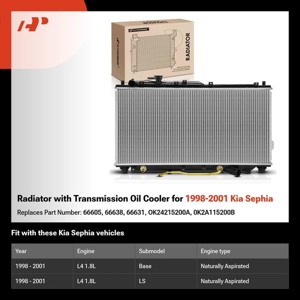 Radiator with Transmission Oil Cooler for 1998-2001 Kia Sephia