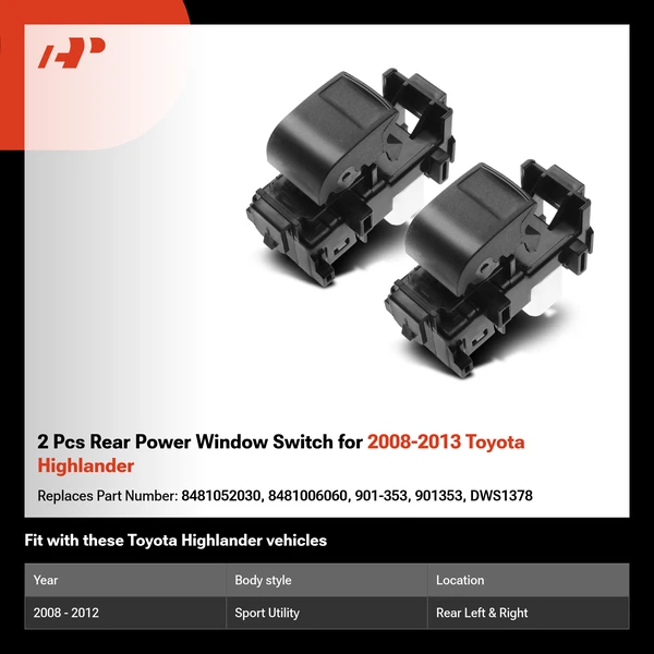 2 Pcs Rear Power Window Switch for 2008-2013 Toyota Highlander