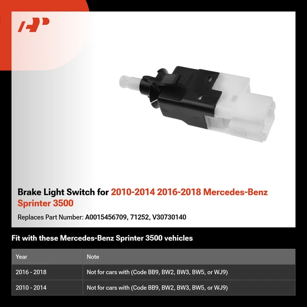 Brake Light Switch for 2010-2014 2016-2018 Mercedes-Benz Sprinter 3500