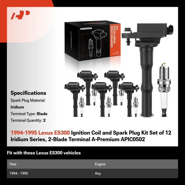 1994-1995 Lexus ES300 Ignition Coil and Spark Plug Kit Set of 12 Iridium Series, 2-Blade Terminal A-Premium APIC0502
