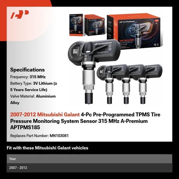 2007-2012 Mitsubishi Galant 4-Pc Pre-Programmed TPMS Tire Pressure Monitoring System Sensor 315 MHz A-Premium APTPMS185