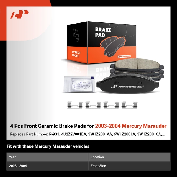 4 Pcs Front Ceramic Brake Pads for 2003-2004 Mercury Marauder
