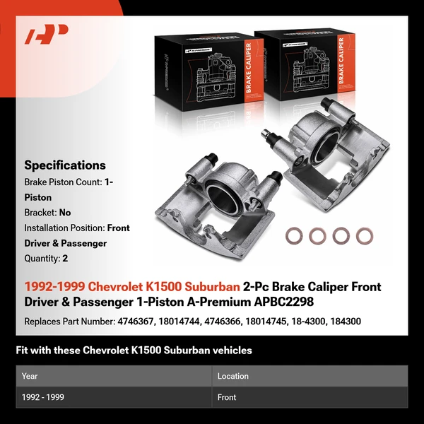 1992-1999 Chevrolet K1500 Suburban 2-Pc Brake Caliper Front Driver & Passenger 1-Piston A-Premium APBC2298