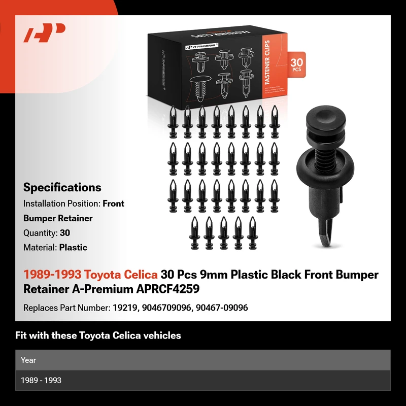 1989-1993 Toyota Celica 30 Pcs 9mm Plastic Black Front Bumper Retainer A-Premium APRCF4259