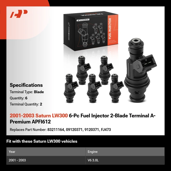 2001-2003 Saturn LW300 6-Pc Fuel Injector 2-Blade Terminal A-Premium APFI612
