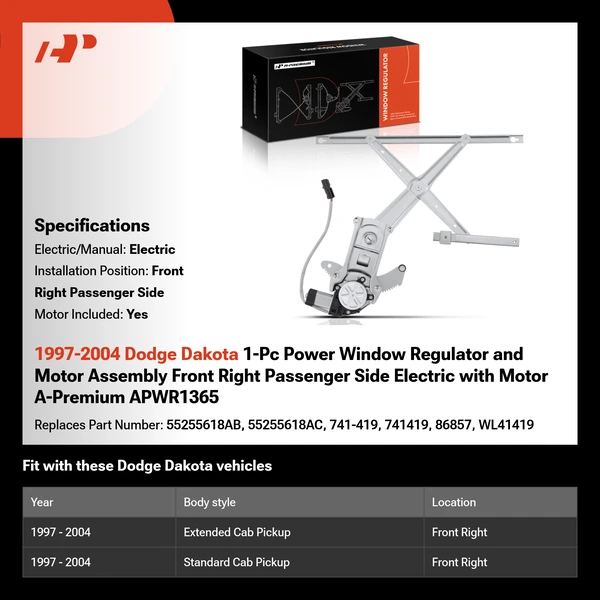 1997-2004 Dodge Dakota 1-Pc Power Window Regulator and Motor Assembly Front Right Passenger Side Electric with Motor A-Premium APWR1365