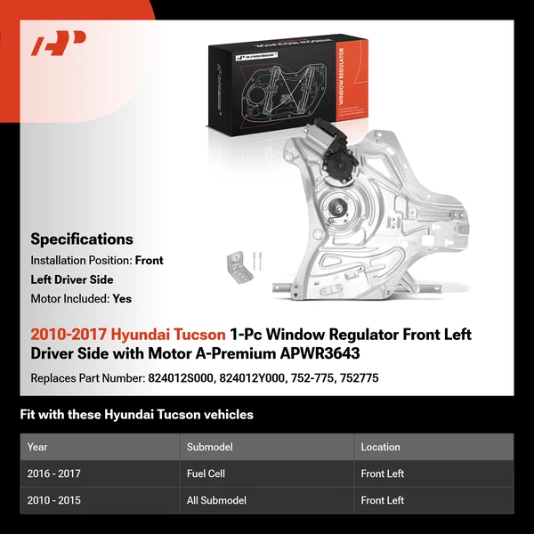2010-2017 Hyundai Tucson 1-Pc Window Regulator Front Left Driver Side with Motor A-Premium APWR3643