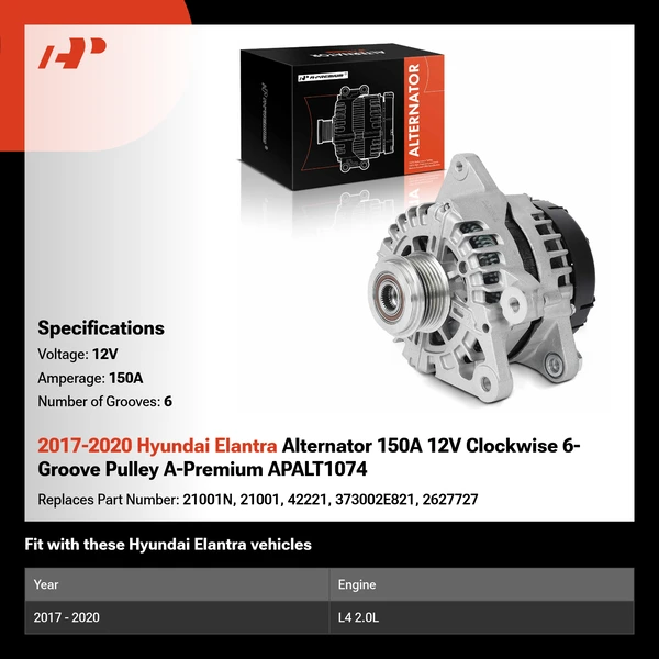 2017-2020 Hyundai Elantra Alternator 150A 12V Clockwise 6-Groove Pulley A-Premium APALT1074