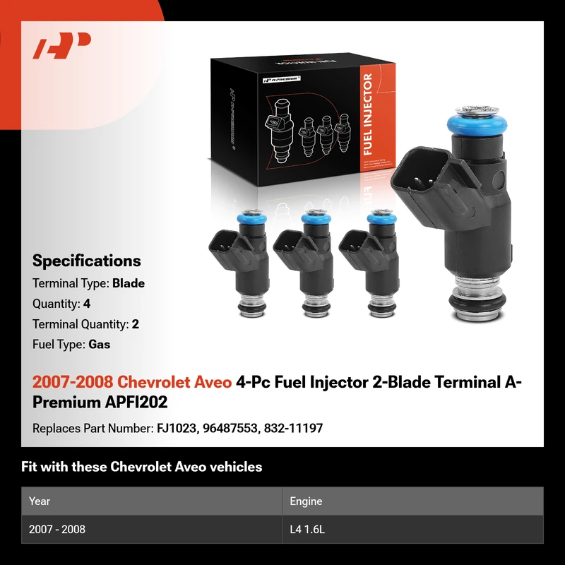 2007-2008 Chevrolet Aveo 4-Pc Fuel Injector 2-Blade Terminal A-Premium APFI202