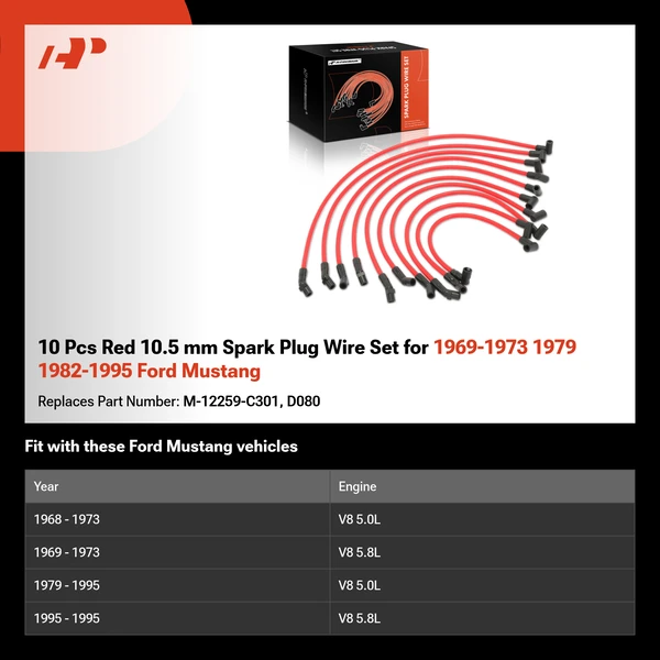 10 Pcs Red 10.5 mm Spark Plug Wire Set for 1969-1973 1979 1982-1995 Ford Mustang