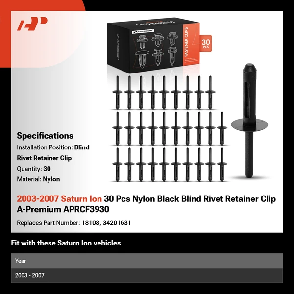 2003-2007 Saturn Ion 30 Pcs Nylon Black Blind Rivet Retainer Clip A-Premium APRCF3930