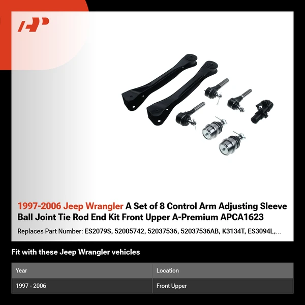 1997-2006 Jeep Wrangler A Set of 8 Control Arm Adjusting Sleeve Ball Joint Tie Rod End Kit Front Upper A-Premium APCA1623