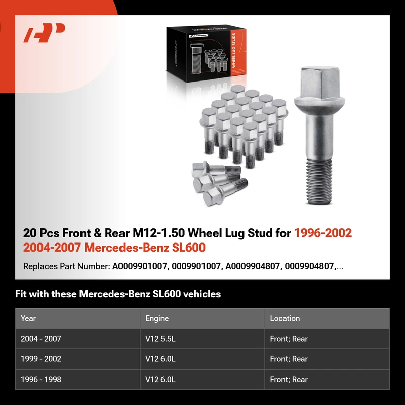 20 Pcs Front & Rear M12-1.50 Wheel Lug Stud for 1996-2002 2004-2007 Mercedes-Benz SL600